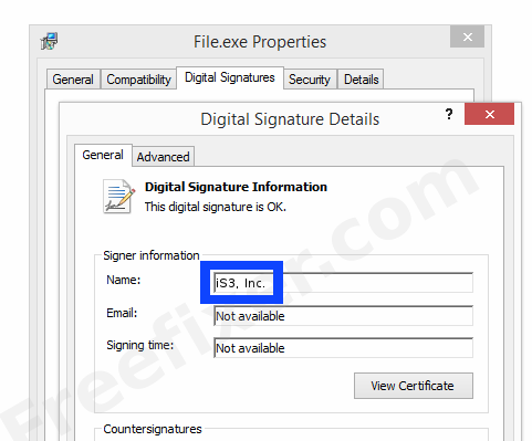 Screenshot of the iS3, Inc. certificate